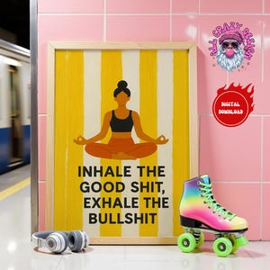 Póster con cita de yoga moderna de mediados de siglo, recordatorio diario, impresión divertida, arte mural con afirmaciones, buenas vibras, descarga digital, decoración tipográfica de moda.