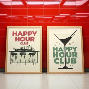 Happy Hour Club Print, Funky Bar Cart Art, Espresso Martini Poster, Retro 2 set poster Print, Trendy Cocktails Poster, Hotel Bar Poster