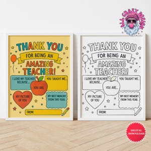 Tarjeta de agradecimiento para maestros, tarjeta de agradecimiento para maestros imprimible, regalo de agradecimiento para maestros de fin de año para niños, descarga instantánea