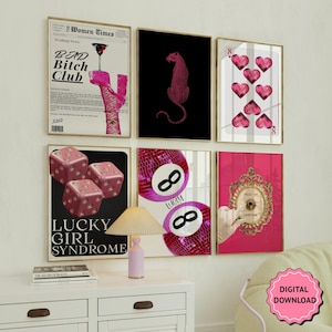 Retro Gallery Girly Prints Pink Leopard Wall Art 6 Prints Set Trendy Lucky Print Luxury Poster Aesthetic Decor Preppy Poster Pink Funky Art