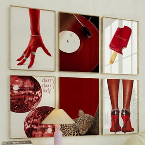 Retro Gallery Girly Prints Red Leopard Wall Art 6 Prints Set Trendy Lucky Print Luxury Poster Aesthetic Decor Preppy Poster Pink Funky Art