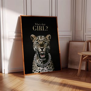 Luxury Girl Leopard Wall Art Glam Diamond Chain Grillz Big Cat Poster Trendy Fashion Animal Print Digital Download