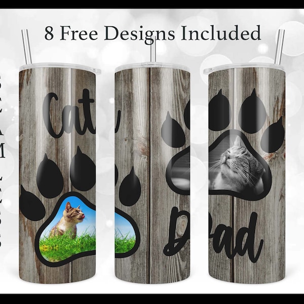 Cat Dad Paw Picture Frame Tumbler, 20oz Skinny Straight & Tapered Tumbler Design PNG File, Cat Dad Paw Tumbler PNG, Pet Lover PNG Download