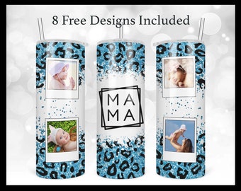 Mama Picture Frames Tumbler PNG, 20oz Skinny Straight & Tapered Tumbler Design PNG File, Aqua Leopard Photo Frames Tumbler File Download