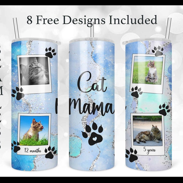 Cat Mama Blue Photo Frame Tumbler, 20oz Skinny Straight & Tapered Tumbler Design PNG File, Blue Cat Glitter Picture Frame Tumbler PNG File