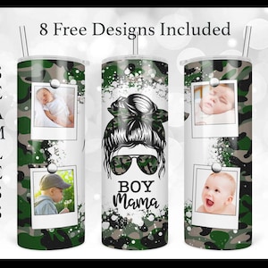Boy Mama Picture Frames Tumbler PNG, 20oz Skinny Straight & Tapered Tumbler Design PNG File, Camo Photo Frames Tumbler File Download