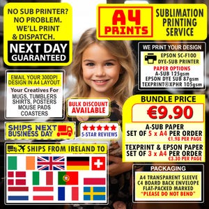 Sublimationsdruckservice - Zurückgegebene, druckfertige A4-Drucke für Tassen, Becher und Kunsthandwerk - ASub TexPrint Epson Papier - Versand am nächsten Tag
