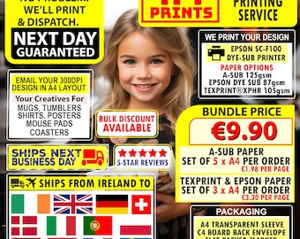 Usługa druku sublimacyjnego – zwrócone gotowe do druku wydruki A4 na kubkach, szklankach i artykułach rękodzielniczych – papier Epson ASub TexPrint – wysyłka następnego dnia