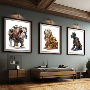 Può includere: Tre stampe incorniciate di cani con design ispirati allo steampunk. La prima stampa presenta un bulldog con occhiali e ingranaggi, la seconda stampa presenta un golden retriever con ingranaggi e ruote dentate, e la terza stampa presenta un cane nero con ingranaggi e ruote dentate.