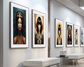 Geometric Elegance: Set of 8 Digital Artworks Showcasing Women in Symmetrical Designs in 6 Printable Poster Sizes - Digital Download