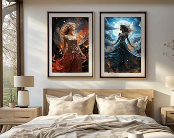 Celestial Dreams: Set of 8 Digital Art Prints Blending Women and Cosmic Magic Designs in 6 Printable Poster Sizes - Digital Download