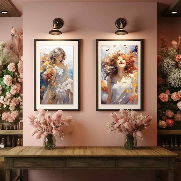 Essence florale éthérée : Ensemble de 8 aquarelles numériques célébrant la beauté féminine en 6 tailles d'affiches imprimables - Téléchargement numérique