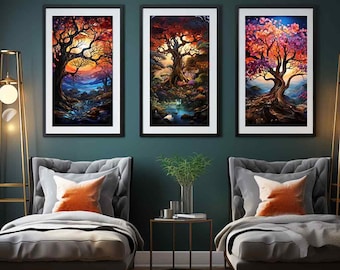 Tree of Life Stained-Glass Effect Set of 8 High-Res JPG Images in 5 Poster Sizes - Gallery Set - Wall Arts - Digital Download