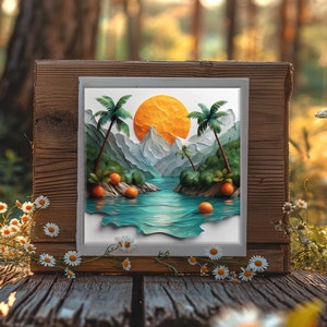 8K Summer Landscape Art Prints: 3D Etched Mountains, Sea, Fruits (Digital Download)