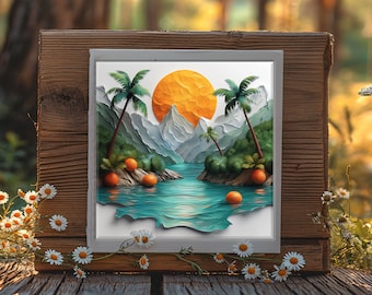 8K Summer Landscape Art Prints: 3D Etched Mountains, Sea, Fruits (Digital Download)
