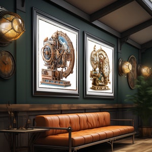 Op de afbeelding: Twee ingelijste illustraties van ingewikkelde steampunk-klokwerkontwerpen. De eerste illustratie toont een grote, ronde klok met tandwielen en tandwielen. De tweede illustratie toont een kleinere, meer gedetailleerde klok met een slinger.