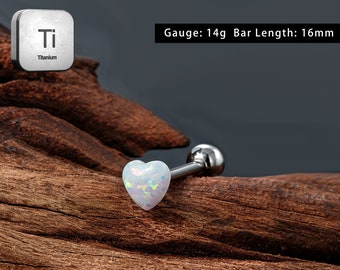 14G Titanium Tongue Ring-Opal Tongue Barbells-Heart Tongue Piercing Ring-Internally Threaded Tongue Barbell -Tongue Jewellery-Gift For Her