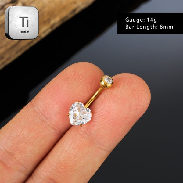 14G Titanium Belly Button Ring-Heart Belly Bar-Navel Piercing-Belly Ring-Internally Threaded Belly Button Ring-8-16mm Belly Bar-Cadeau pour elle