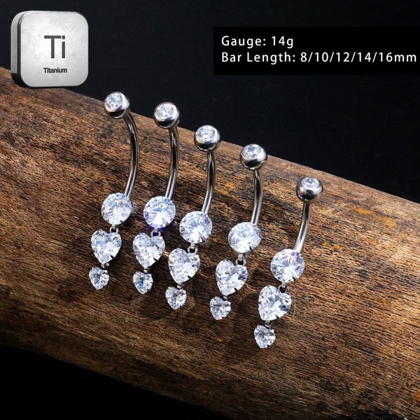 14G Titanium Belly Rings-CZ Belly Bar-Internally Threaded Belly Button Ring-Heart Dangling Navel Barbell-10-16mm Belly Ring-Gift For Her