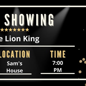 Może przedstawiać: Czarno-biały bilet do kina z złotymi konfetti. Na bilecie widnieje napis "NOW SHOWING" z pięcioma gwiazdkami i "The Lion King". Data to poniedziałek, 11 kwietnia, lokalizacja to Sam's House, a godzina to 19:00.