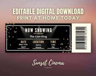 BILLET NUMÉRIQUE UNIQUEMENT - Téléchargement numérique - Billet de cinéma - Billet personnalisé - Billet de cinéma - Soirée cinéma - Billet de fête - Billet modifiable