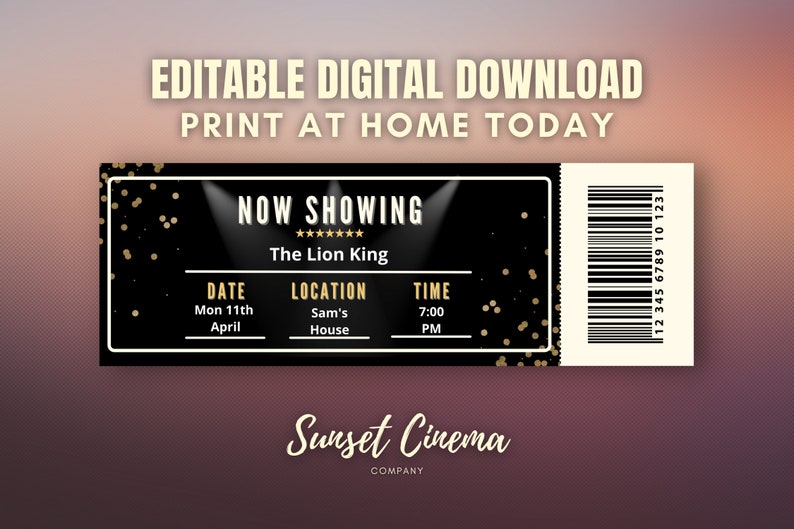 Może przedstawiać: Czarny i złoty bilet do kina z tekstem "NOW SHOWING" i "The Lion King". Bilet zawiera r&oacute;wnież datę, miejsce i godzinę filmu. Tekst "Sunset Cinema COMPANY" znajduje się na dole biletu.