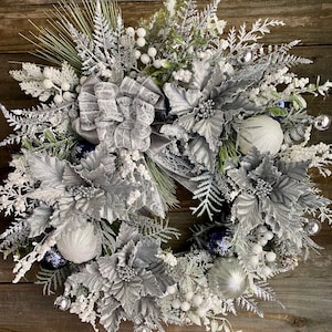 Christmas Wreath For Front Door| Winter Wonderland Christmas Wreath| Poinsettias Wreath for Christmas| Christmas Decoration| Holiday Wreath