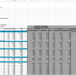 Puede incluir: Una hoja de cálculo con fondo gris y encabezados azules. La hoja de cálculo se titula "PROPOSAL NUMBER (if Multiple Proposals submitted)" y "Budget Number (e.g. Budget V6.1 - 07 June 2022)". La hoja de cálculo tiene columnas para "Project Labor", "Pre-Production Items", "Travel", "COVID Compliance Testing", "Required Production Team" y "Project Production Admin". La hoja de cálculo también tiene columnas para "Cost Depth", "Total", "Fixed Cost (incl. Sundry)", "Estimated", "Total Margin", "Total", "Difference (E - Ac)", "Actual Cost", "Actual Margin Profit", "Supplier Name" y "Supplier Name".