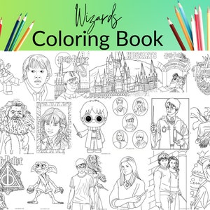 May include: A black and white colouring book featuring characters and scenes from the Harry Potter series. The cover features the title "Wizards Coloring Book" and images of Harry Potter, Hogwarts, and other characters.