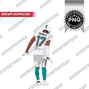 Puede incluir: Una ilustración digital de un jugador de fútbol americano que lleva una camiseta blanca con el número 17 y un casco azul verdoso y naranja. El jugador lleva pantalones azul verdoso y calcetines blancos. El jugador está de espaldas al espectador y está en una pose como si fuera a lanzar un balón de fútbol.