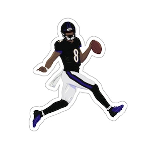 May include: A digital illustration of an American football player wearing a black and purple uniform with the number 8 on the jersey. The player is in mid-air, throwing a football with his right hand. The player is wearing a black helmet with a white face mask.