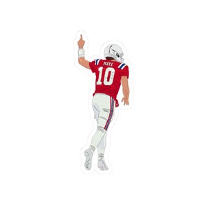 May include: A sticker featuring a football player in a red jersey with the number 10, white pants, and a white helmet. The player is raising their arm with their middle finger up. The name "MAYE" is printed on the jersey.