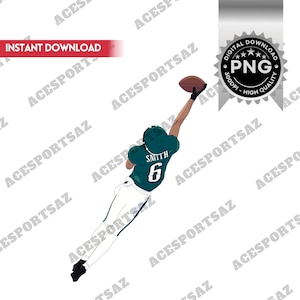 Puede incluir: Ilustración de un jugador de fútbol americano con una camiseta verde azulado con el nombre "Smith" y el número "6" alcanzando un balón de fútbol marrón. La imagen incluye una insignia "Digital Download PNG" y el texto "Instant Download".