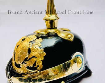 Prussian Pickelhaube Hemet | Material : Leather, Brass | Prussian Pickelhaub Hemet | LARP Cosplay Battle Armor | Halloween Gift