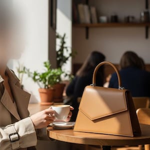 May include: A tan leather handbag with a structured design sits on a wooden table. The bag has a top handle and a geometric flap closure. A person in a tan trench coat is seated nearby, holding a cup of coffee.