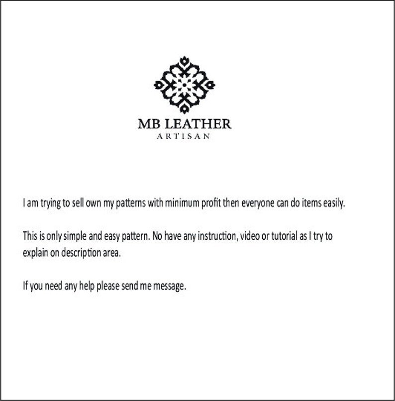 Pode incluir: Fundo branco com o logotipo "MB LEATHER ARTISAN" e um emblema decorativo preto. O texto abaixo explica a inten&ccedil;&atilde;o do vendedor de vender padr&otilde;es com lucro m&iacute;nimo, enfatizando a simplicidade. Texto adicional convida a fazer perguntas.