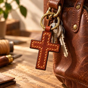 May include: A brown leather cross keychain with visible light-colored stitching attached to a brass-toned metal ring. The keychain hangs alongside two silver-colored metal keys from a brown leather bag featuring brass-toned metal rivets.