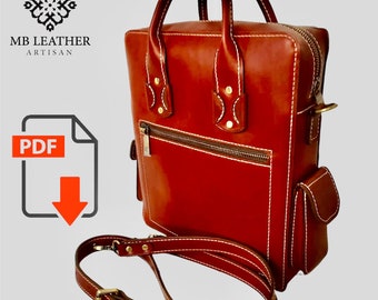 Pode incluir: Uma mochila de couro vermelha com um bolso frontal e uma alça longa ajustável. A mochila tem fecho de correr e ferragens douradas. O texto "MB LEATHER ARTISAN" é visível no canto superior esquerdo da imagem. O texto "PDF" é visível no canto inferior esquerdo da imagem.