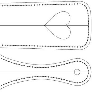 May include: A black and white line drawing of two leather patterns for crafting. The top pattern is a heart shape with a rounded rectangle. The bottom pattern is a rounded rectangle with a hole in the centre.