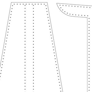 Pode incluir: Padr&atilde;o de duas pe&ccedil;as em preto e branco. As pe&ccedil;as do padr&atilde;o s&atilde;o delineadas com uma linha preta e apresentam pequenos c&iacute;rculos espa&ccedil;ados uniformemente ao longo das bordas, provavelmente para costura ou montagem. O design parece ser para uma pe&ccedil;a de vestu&aacute;rio.