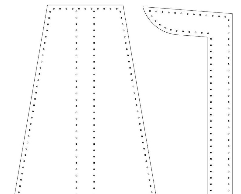 Pode incluir: Padr&atilde;o de duas pe&ccedil;as em preto e branco. As pe&ccedil;as do padr&atilde;o s&atilde;o delineadas com uma linha preta e apresentam pequenos c&iacute;rculos espa&ccedil;ados uniformemente ao longo das bordas, provavelmente para costura ou montagem. O design parece ser para uma pe&ccedil;a de vestu&aacute;rio.