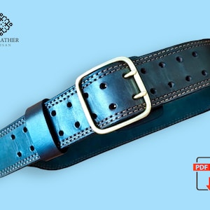 May include: A blue leather weightlifting belt with a brass buckle and double stitching. The belt has multiple rows of holes for adjusting the fit.