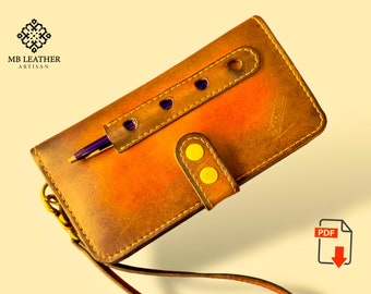 May include: A brown leather phone case with a strap and a pen holder. The case has a yellow and orange ombre effect and two yellow buttons.