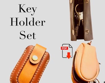 May include: Set of three leather key holders. The key holders are brown, tan, and beige. The key holders are made of leather and have a zipper closure. The key holders are shown with keys inside. The image also includes a PDF download icon.