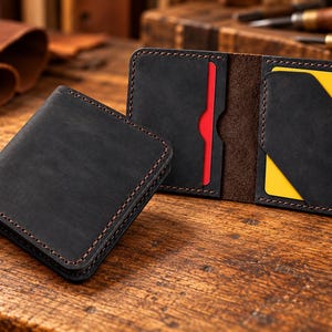 Puede incluir: Una cartera bifold de cuero negro con costuras marrones visibles. Una cartera está plegada, mientras que la otra está abierta, revelando ranuras para tarjetas con una tarjeta roja y una amarilla. La cartera tiene un acabado mate y esquinas.