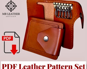 Può includere: Un portafoglio in pelle marrone con un portachiavi e una tasca separata per le carte. Il portafoglio è un set di modelli PDF per la lavorazione del cuoio.