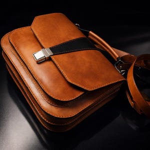 Puede incluir: Un bolso de cuero marrón con un diseño en capas. El bolso presenta una correa negra en la parte delantera, un cierre plateado y una correa para el hombro a juego. El bolso está sobre un fondo negro.