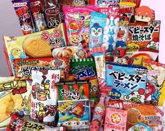 50 Exclusive Exotic Japanese Korean Asian Surprise Mystery Dagashi Ramen Chips Candy box | Full size Snacks Ramune Drinks DIY Candy Kit