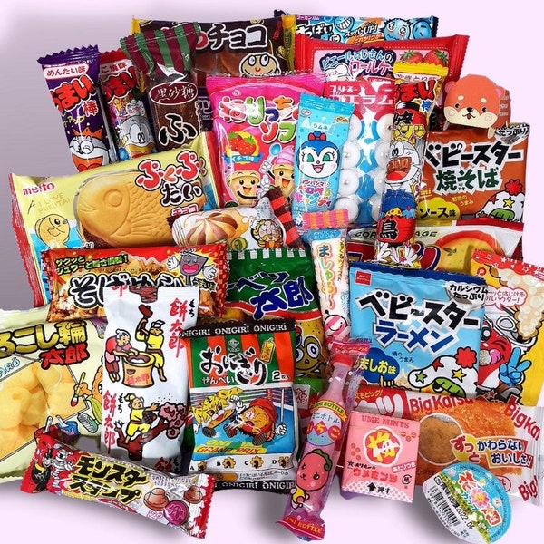 50 Exclusive Exotic Japanese Korean Asian Surprise Mystery Dagashi Ramen Chips Candy box | Full size Snacks Ramune Drinks DIY Candy Kit