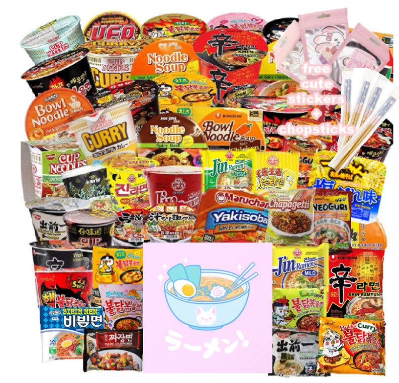 Authentic Asian Korean Halal Mystery Instant Ramen Noodle Pack Assorted Box Exotic Flavors Buldak Spicy Free pair of chopsticks image 1